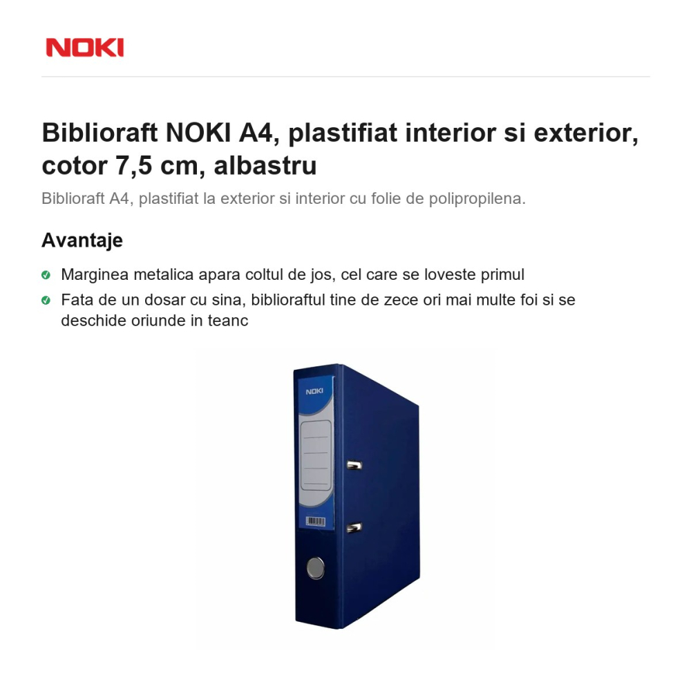 Biblioraft NOKI A4, plastifiat interior si exterior, cotor 7,5 cm, albastru [2]