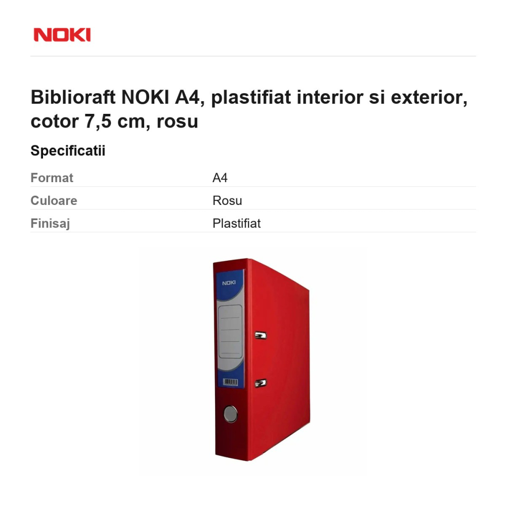 Biblioraft NOKI A4, plastifiat interior si exterior, cotor 7,5 cm, rosu [3]
