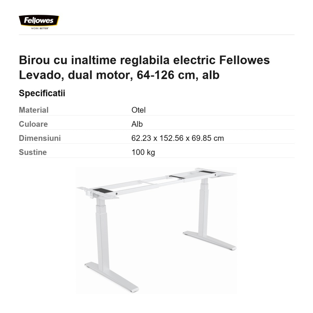 Birou cu inaltime reglabila electric Fellowes Levado, dual motor, 64-126 cm, alb [3]