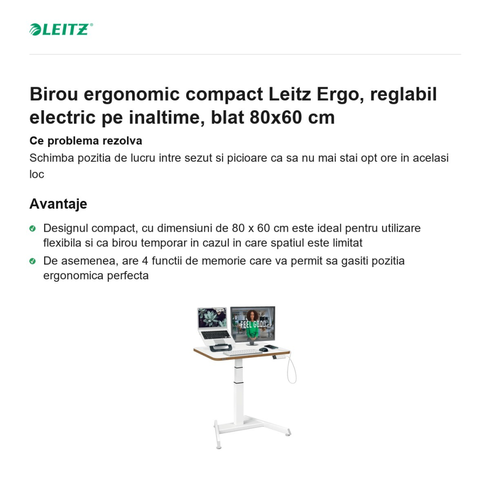 Birou ergonomic compact Leitz Ergo, reglabil electric pe inaltime, blat 80x60 cm [2]