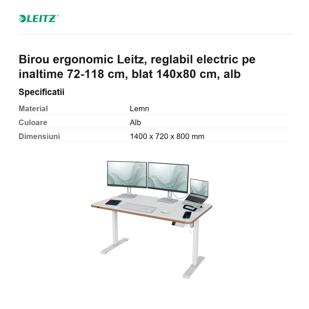 Birou ergonomic Leitz, reglabil electric pe inaltime 72-118 cm, blat 140x80 cm, alb [3]