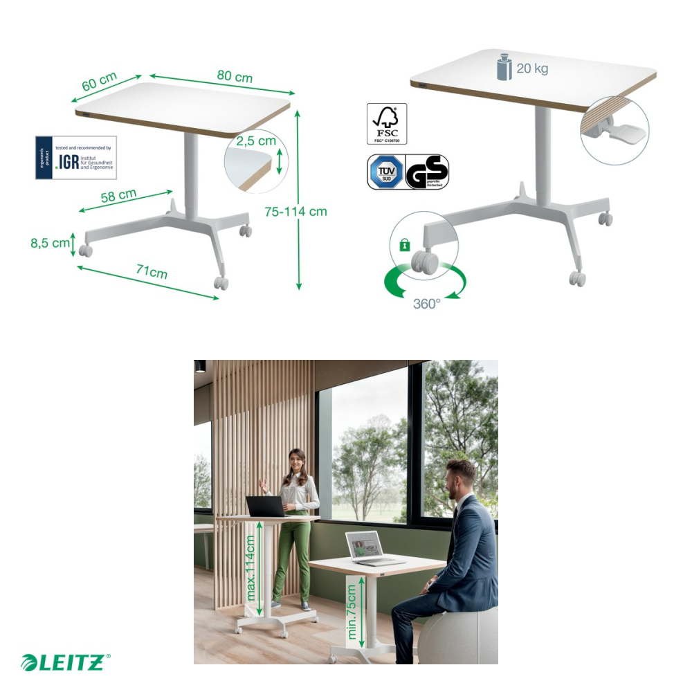 Birou ergonomic mobil Leitz Ergo, reglabil pneumatic pe inaltime 75-114 cm, blat 80x60 cm [5]