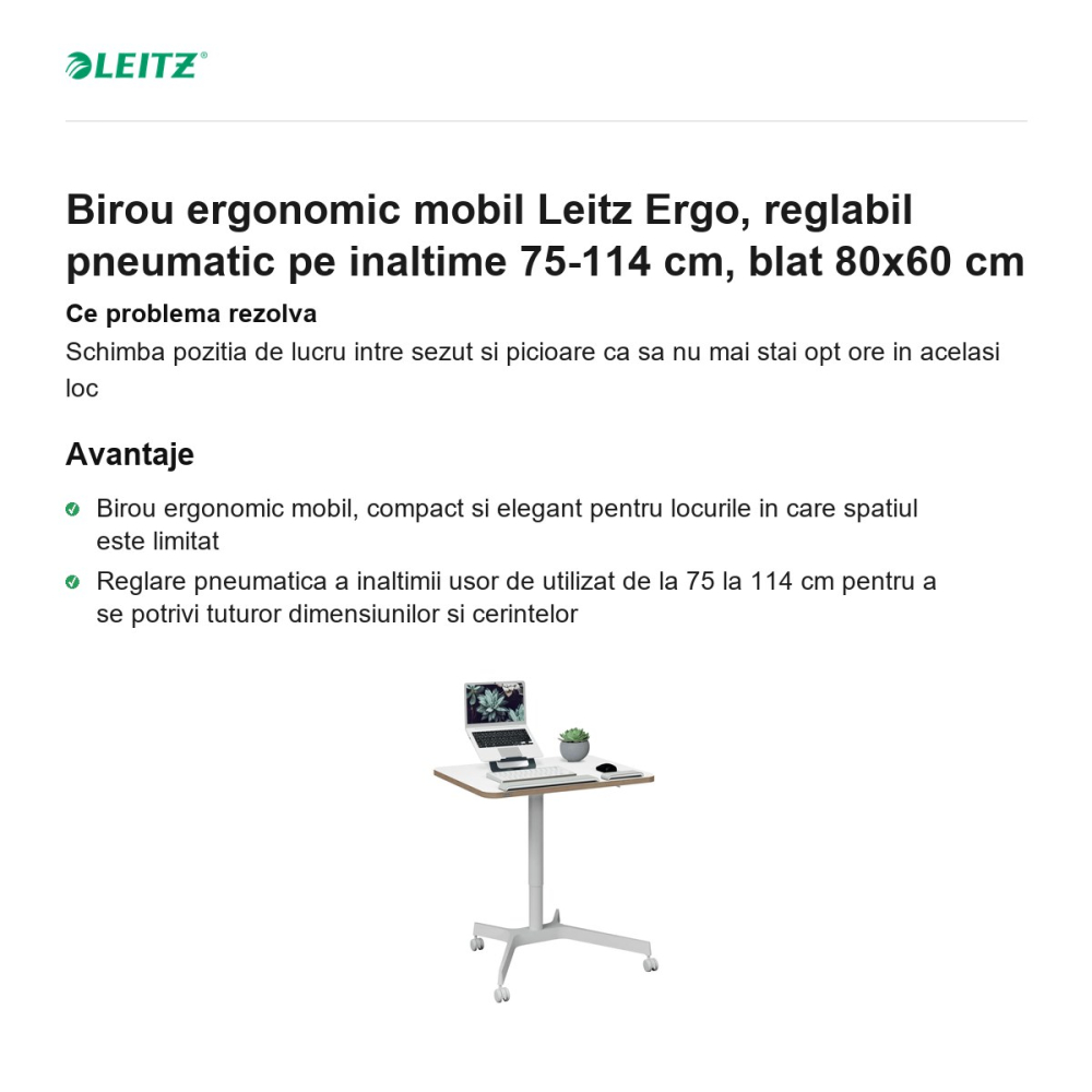 Birou ergonomic mobil Leitz Ergo, reglabil pneumatic pe inaltime 75-114 cm, blat 80x60 cm [2]