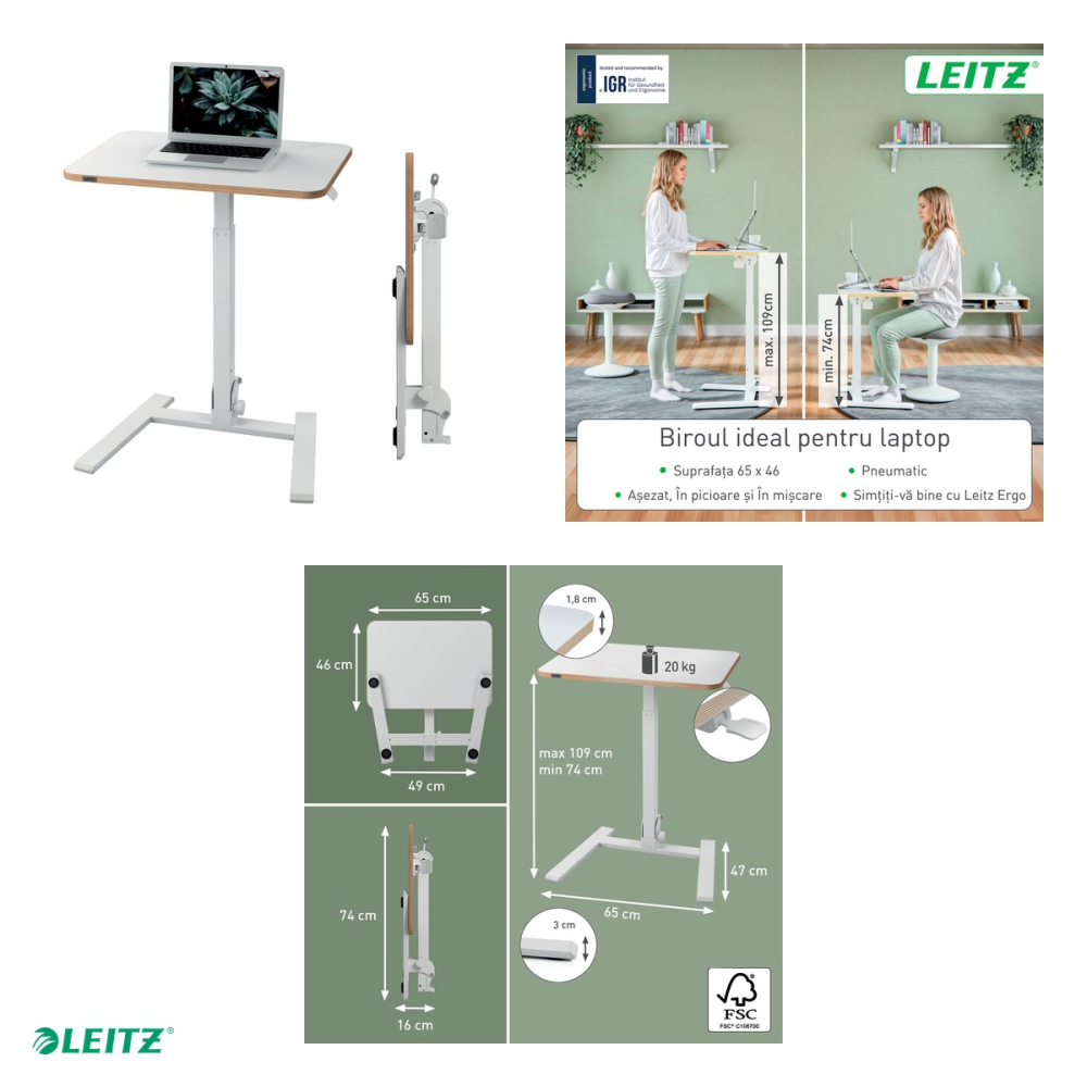 Birou ergonomic pliabil Leitz Ergo, reglabil pneumatic pe inaltime 74-109 cm, blat 65x46 cm [4]