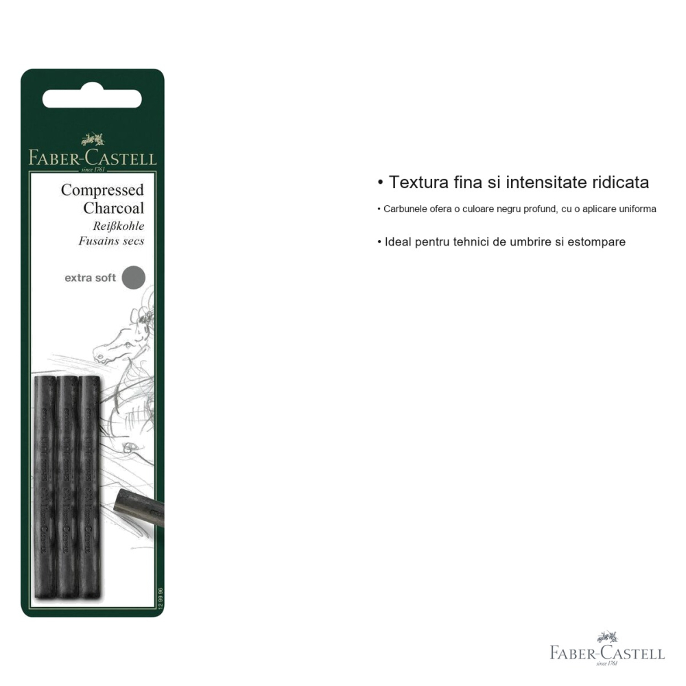 Blister 3 buc carbune presat Faber-Castell Pitt Monochrome Extra-Soft, negru intens, pentru artisti [3]