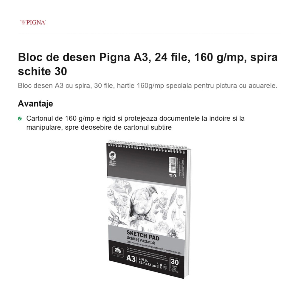 Bloc de desen Pigna A3, 30 file, 160 g/mp, spira schite [2]