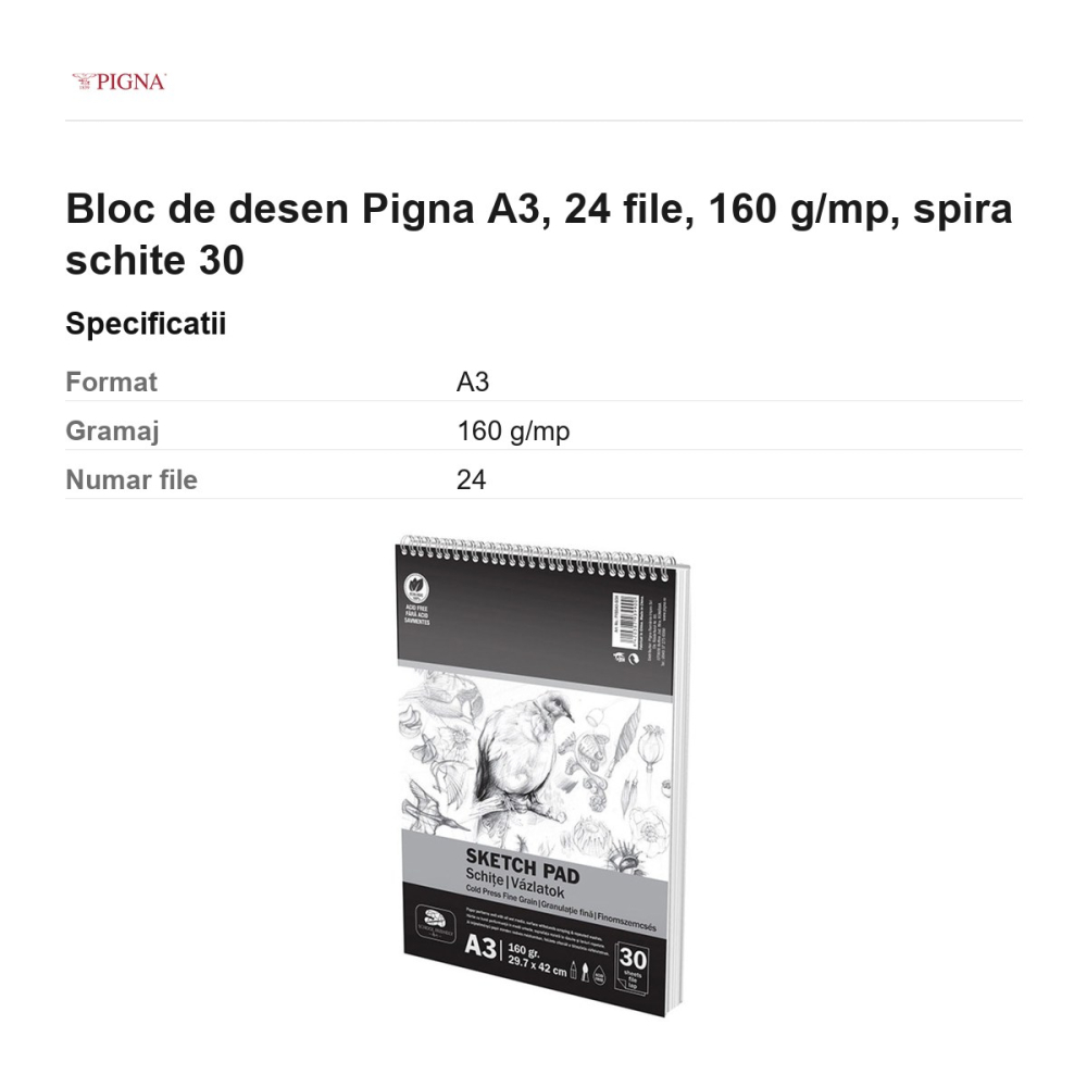 Bloc de desen Pigna A3, 30 file, 160 g/mp, spira schite [3]