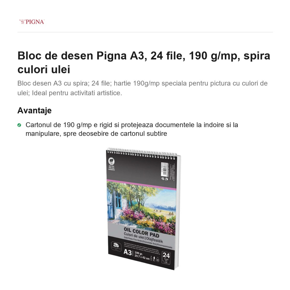 Bloc de desen Pigna A3, 24 file, 190 g/mp, spira culori ulei [2]