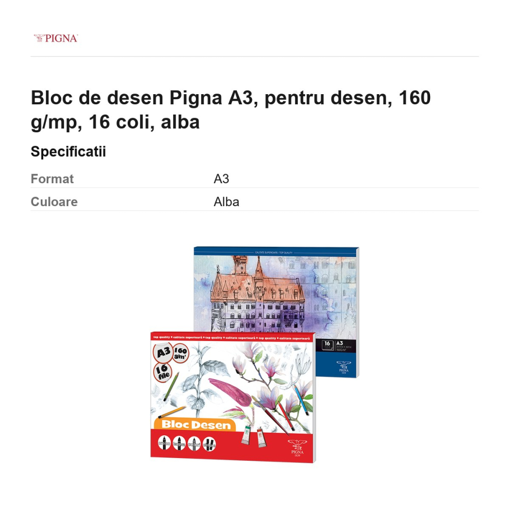 Bloc de desen Pigna A3, pentru desen, 160 g/mp, 16 coli, alba [3]