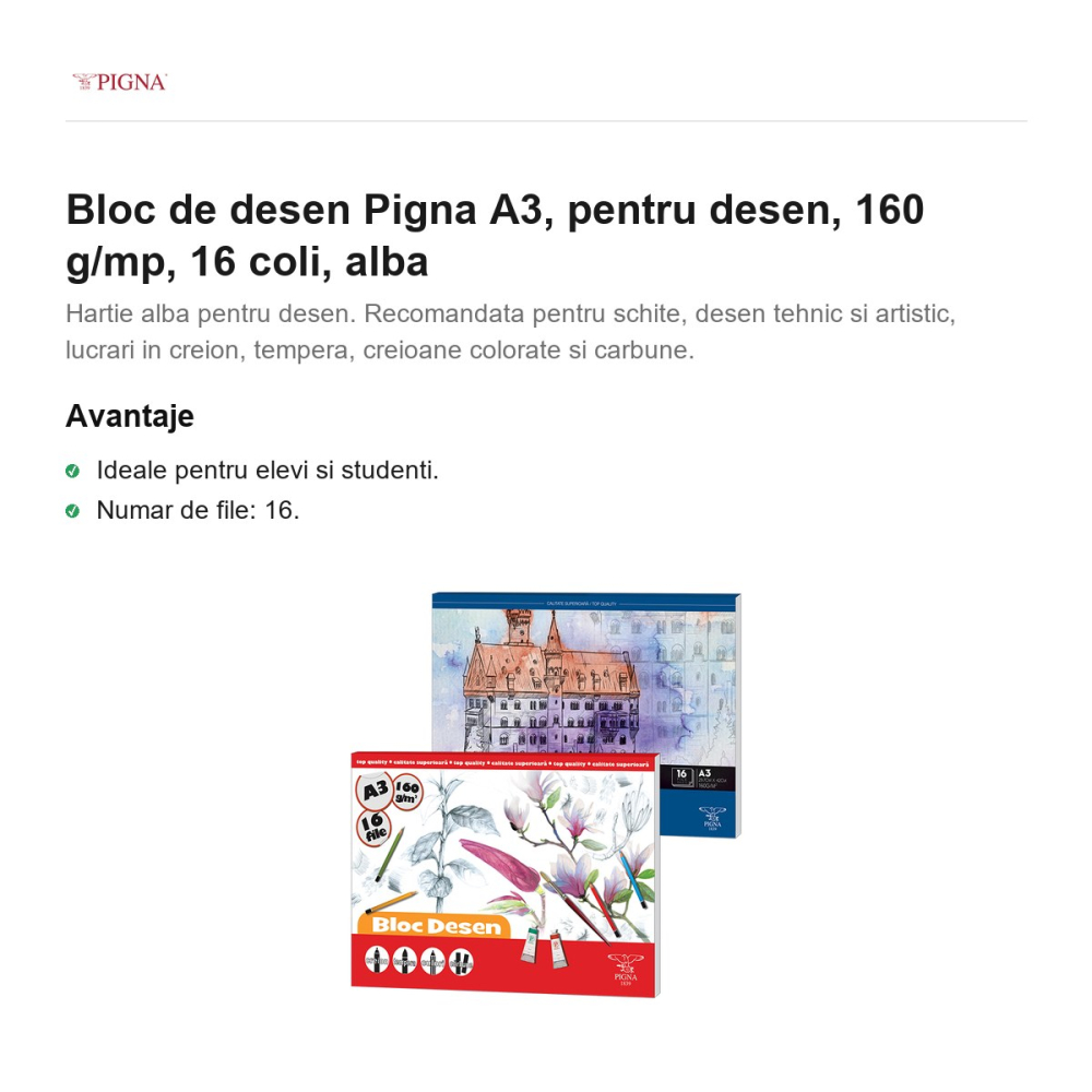 Bloc de desen Pigna A3, pentru desen, 160 g/mp, 16 coli, alba [2]