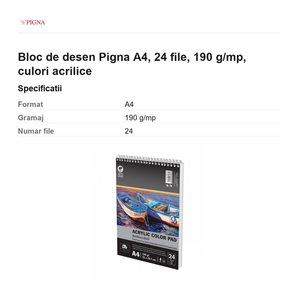 Bloc de desen Pigna A4, 24 file, 190 g/mp, culori acrilice [3]