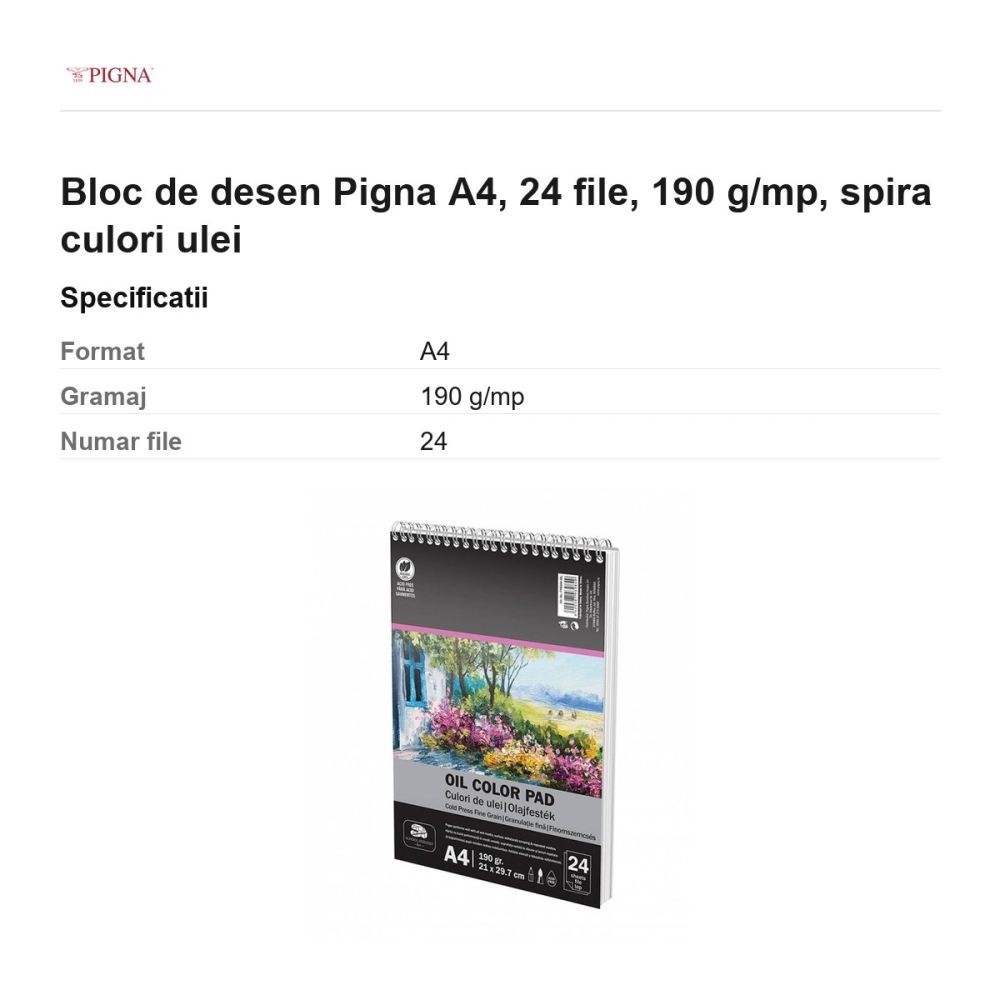 Bloc de desen Pigna A4, 24 file, 190 g/mp, spira culori ulei [3]