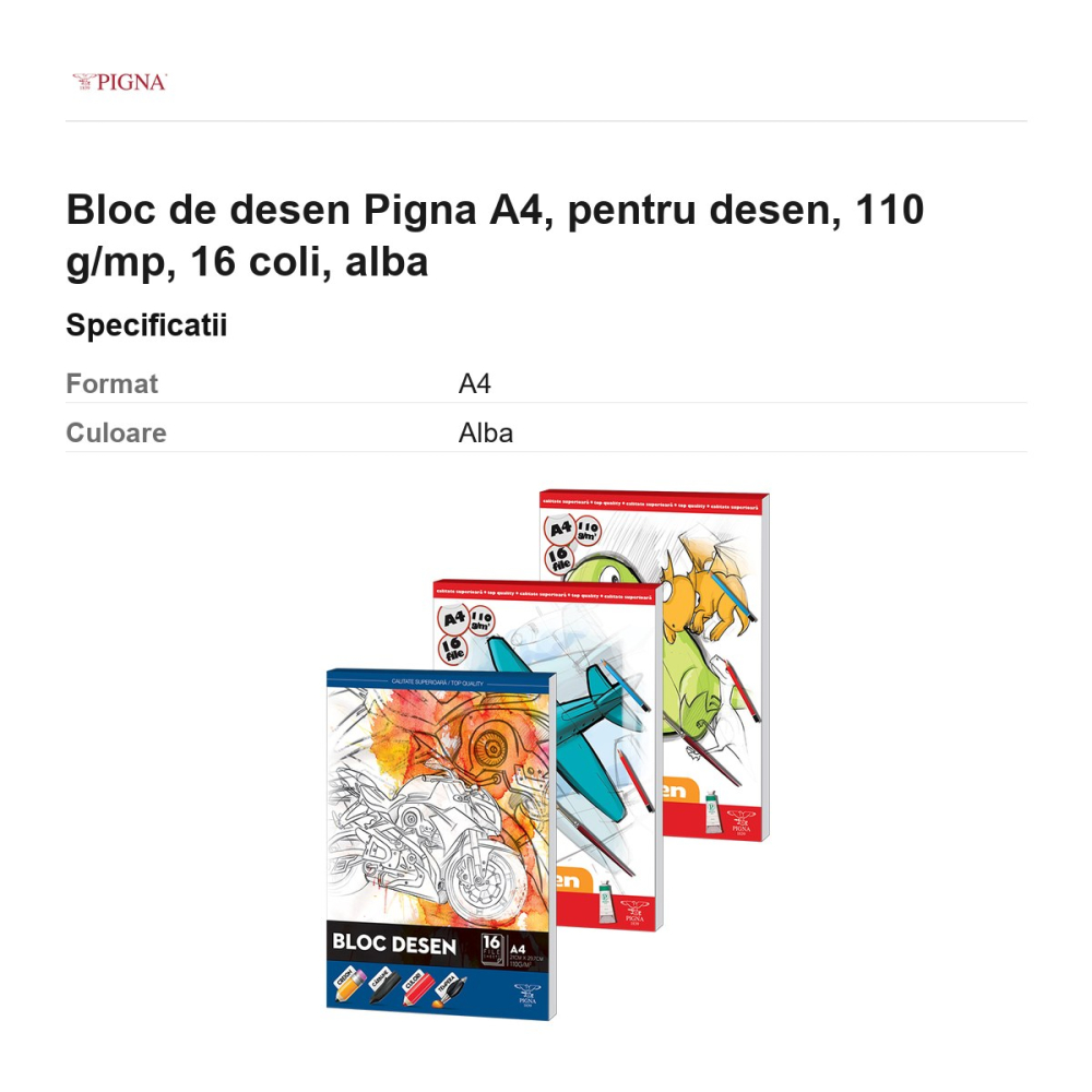 Bloc de desen Pigna A4, pentru desen, 110 g/mp, 16 coli, alba [3]