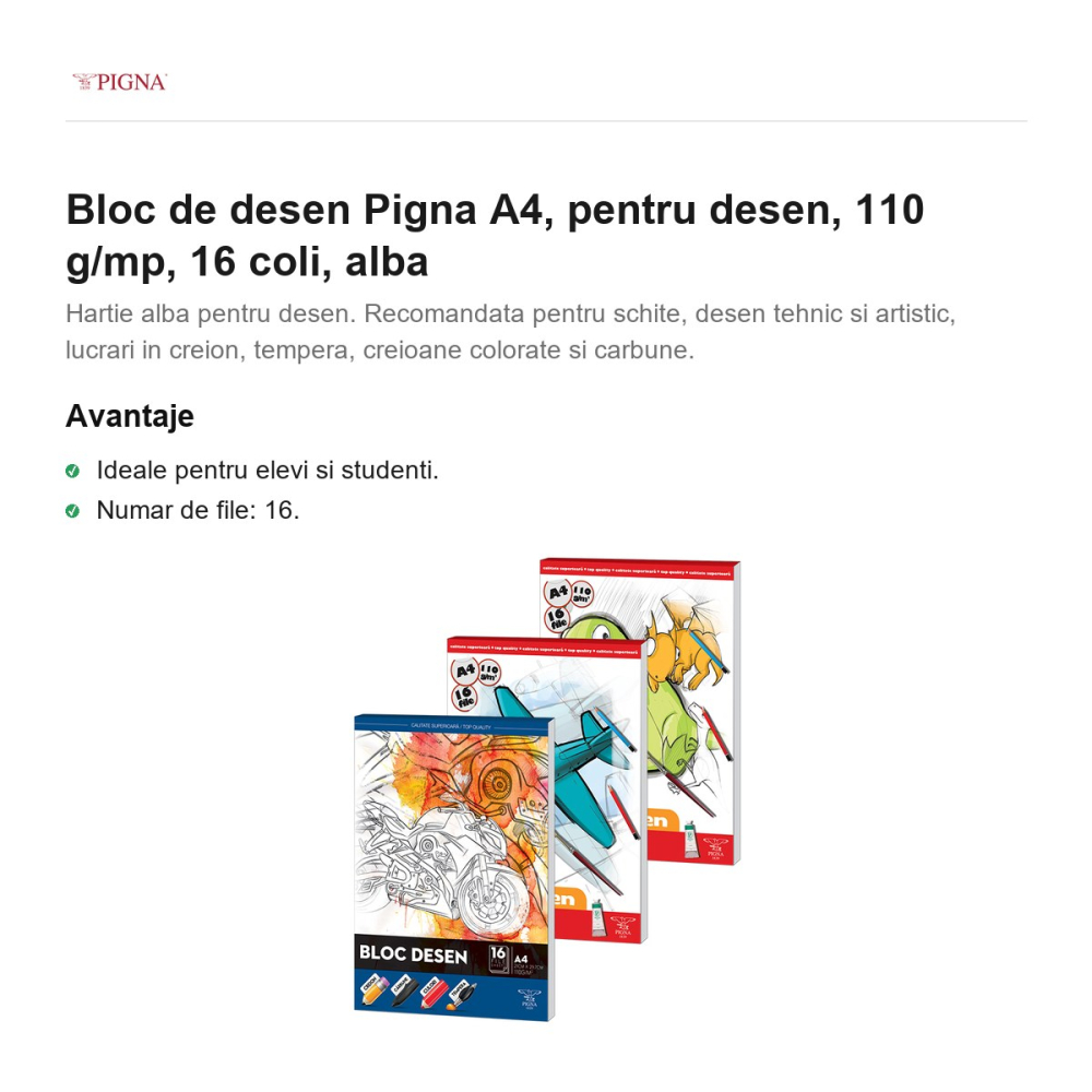 Bloc de desen Pigna A4, pentru desen, 110 g/mp, 16 coli, alba [2]