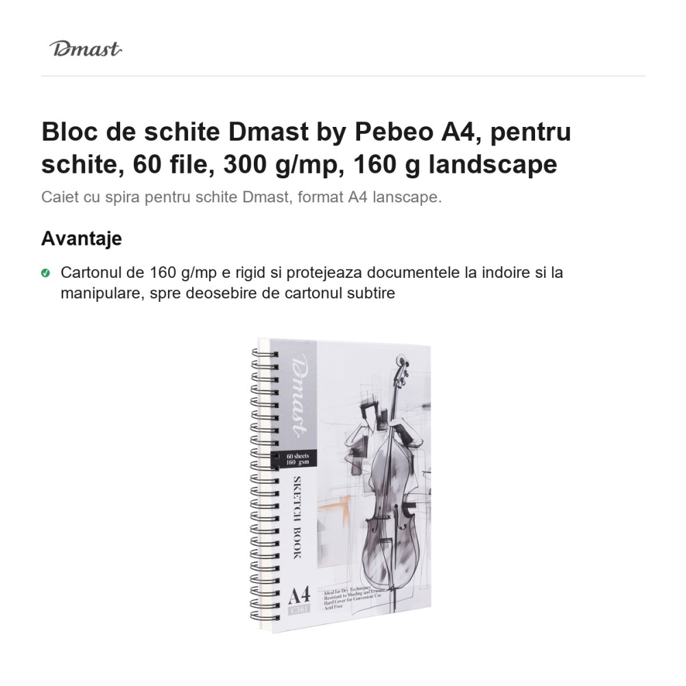 Bloc de schite Dmast by Pebeo A4, pentru schite, 60 file, 300 g/mp, 160 g landscape [2]