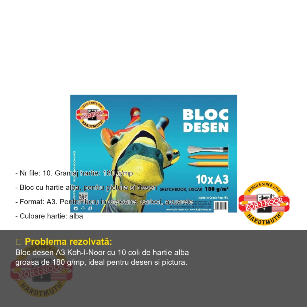 Bloc desen A3 Koh-I-Noor, hartie alba 180 g/mp, 10 coli, pentru creioane, carioci si acuarele [2]