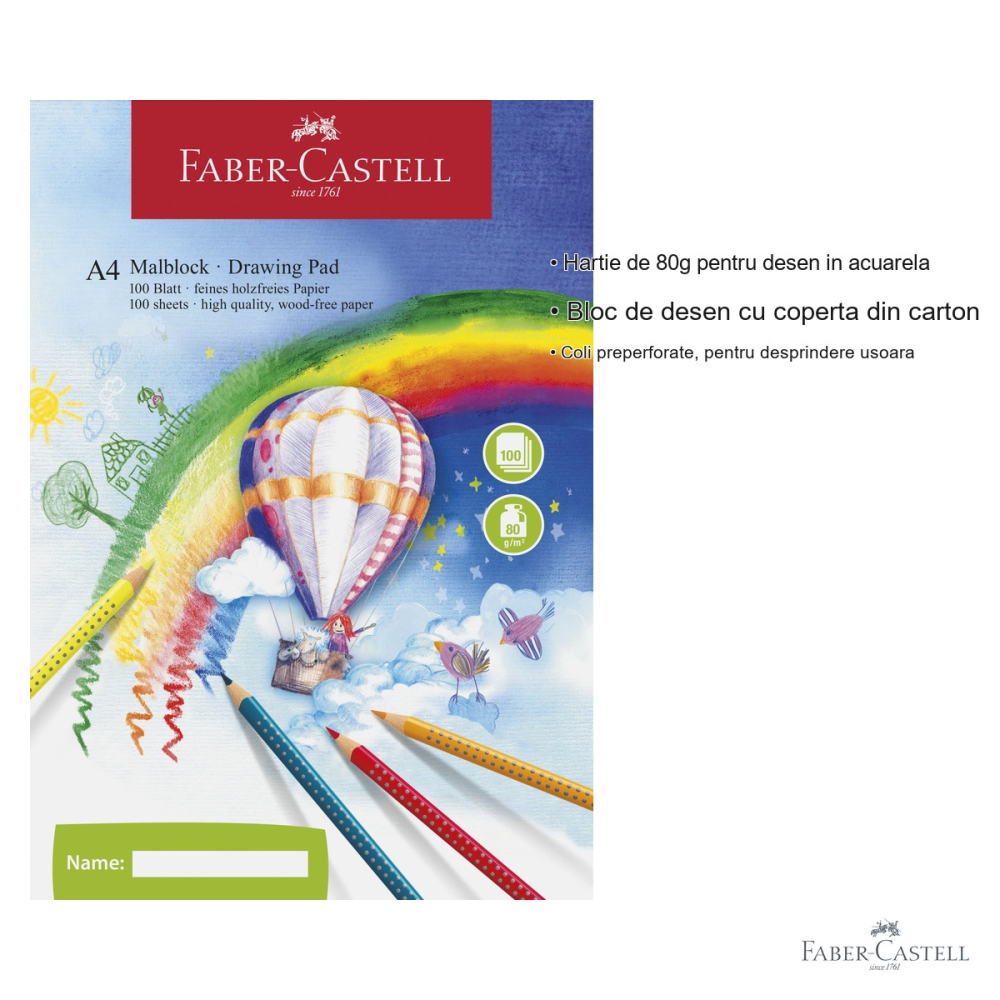 Bloc desen A4 Faber-Castell, 100 file, hartie 80g, pentru acuarela si desen [3]
