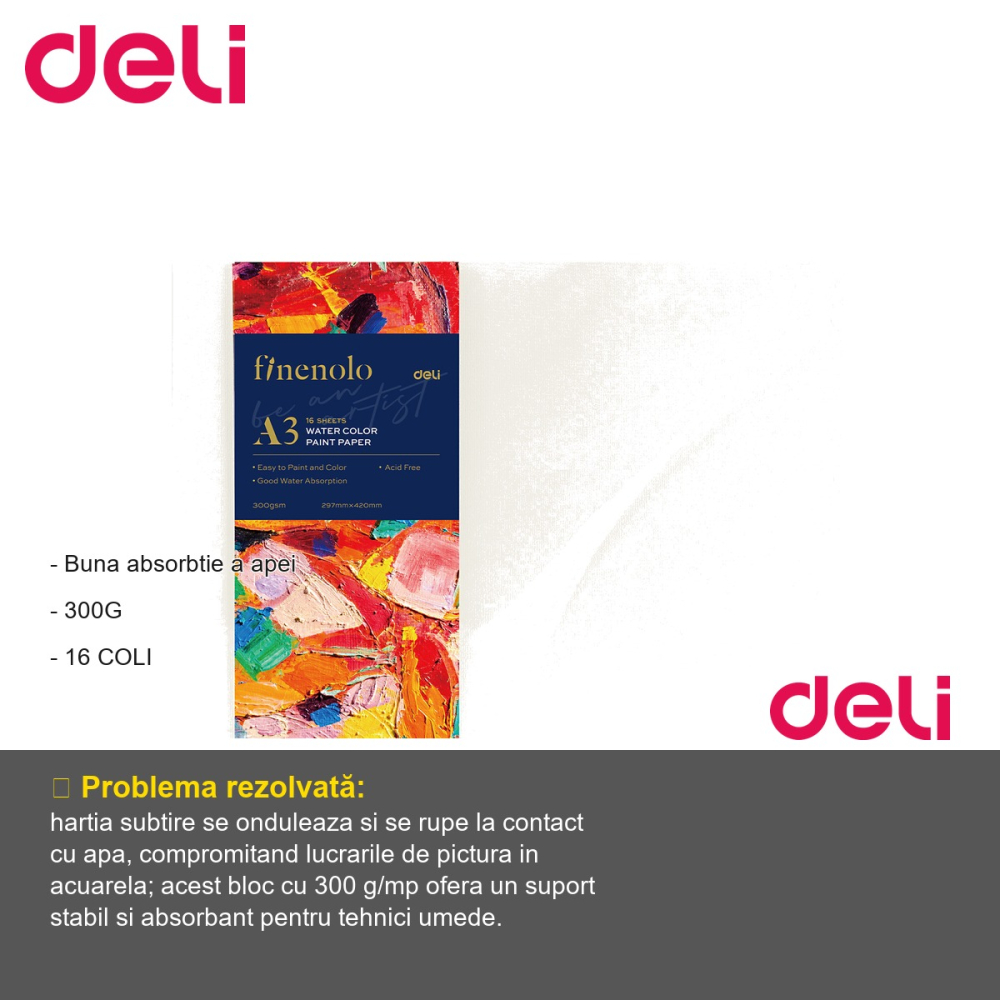 Bloc desen acuarela A3 Deli, hartie 300 g/mp, 16 file groase, pentru pictura si tehnici umede [2]