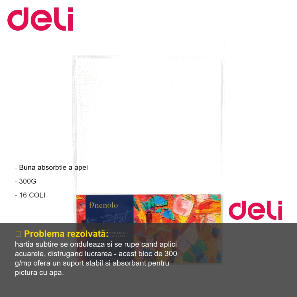 Bloc desen acuarela A4 Deli, hartie 300 g/mp, 16 file groase, pentru pictura si tehnici umede [2]