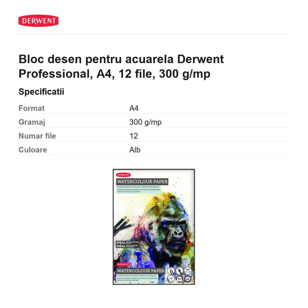 Bloc desen pentru acuarela Derwent Professional, A4, 12 file, 300 g/mp [3]