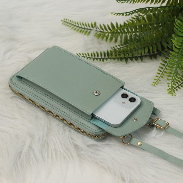 Borseta pentru smartphone, bani si documente, Model 22769, dimensiuni 20 x 11 x 4.5 cm, cu o curea reglabila de 126 cm, din piele ecologica, verde [4]
