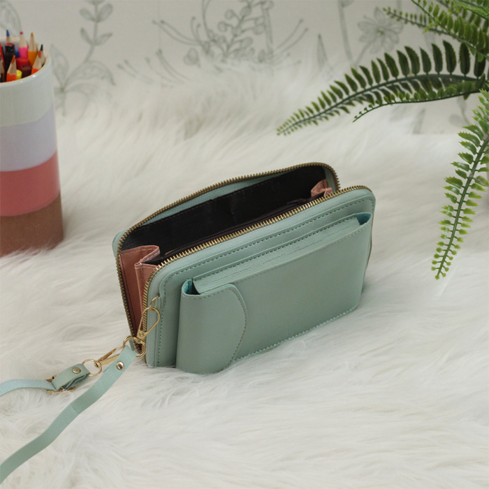 Borseta pentru smartphone, bani si documente, Model 22769, dimensiuni 20 x 11 x 4.5 cm, cu o curea reglabila de 126 cm, din piele ecologica, verde [5]