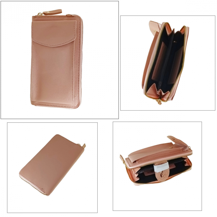 Borseta pentru smartphone, bani si documente, Model 22779, dimensiuni 20 x 11 x 4.5 cm, cu o curea reglabila de 126 cm, din piele ecologica, roz crem [5]