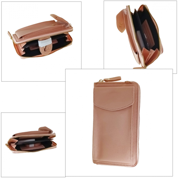 Borseta pentru smartphone, bani si documente, Model 22779, dimensiuni 20 x 11 x 4.5 cm, cu o curea reglabila de 126 cm, din piele ecologica, roz crem [4]
