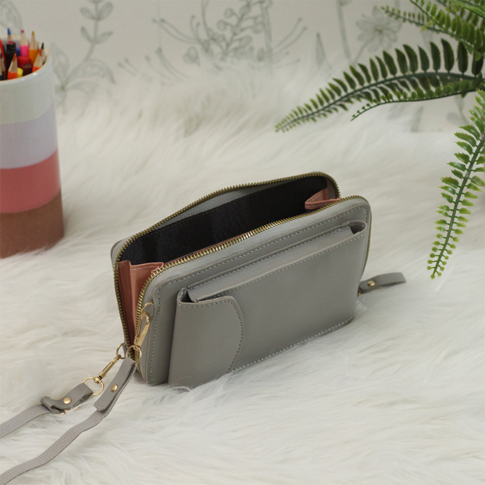 Borseta pentru smartphone, bani si documente, Model 22787, dimensiuni 20 x 11 x 4.5 cm, cu o curea reglabila de 126 cm, din piele ecologica, gri [5]
