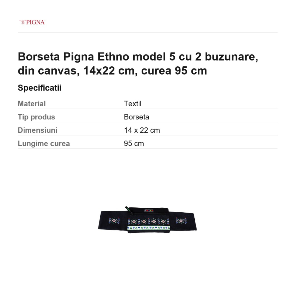 Borseta Pigna Ethno model 5 cu 2 buzunare, din canvas, 14x22 cm, curea 95 cm [3]