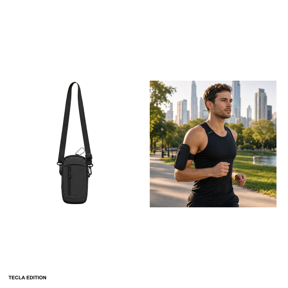 Borseta sport telefon pana la 7inch, UrbanFlex Bag, material impermeabil, snur, carabiniera pentru prindere, curea 130cm, neagra [5]