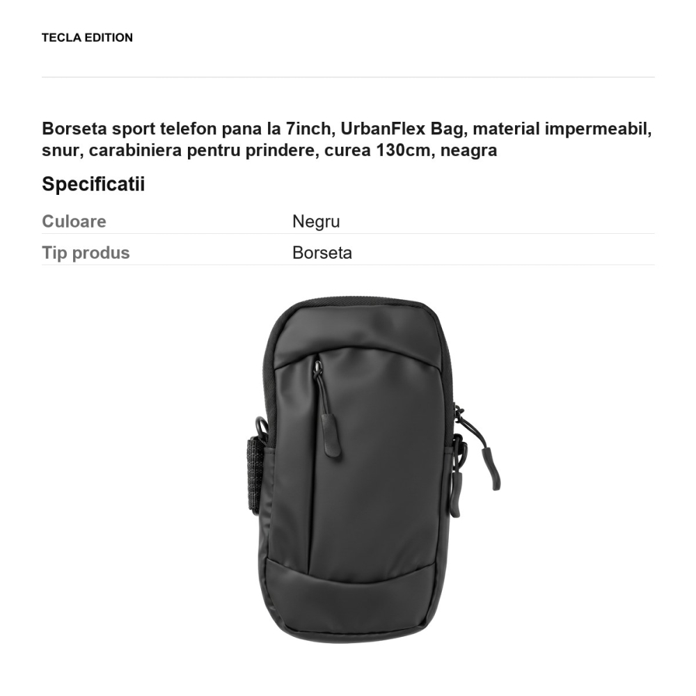 Borseta sport telefon pana la 7inch, UrbanFlex Bag, material impermeabil, snur, carabiniera pentru prindere, curea 130cm, neagra [3]