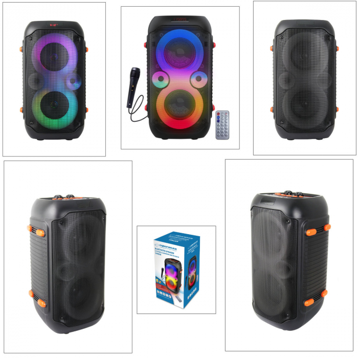 Boxa portabila 20W, Bluetooth 5.0, Aux-in jack 3.5mm, FM Radio, USB, microSD slot, 2 x intrari jack 6.35mm si un microfon karaoke, baterie 2400 mAh, telecomanda, TWS, ES-96119, LED RGB [6]