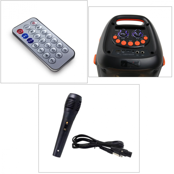 Boxa portabila 20W, Bluetooth 5.0, Aux-in jack 3.5mm, FM Radio, USB, microSD slot, 2 x intrari jack 6.35mm si un microfon karaoke, baterie 2400 mAh, telecomanda, TWS, ES-96119, LED RGB [5]
