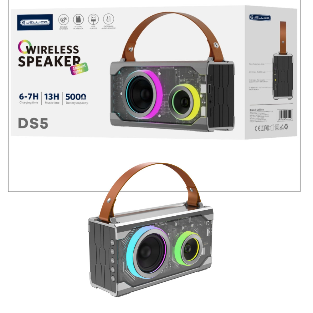 Boxa Portabila Bluetooth JELLICO DS5, Cu Lumini Ambient si Radio FM, Baterie 5000mAh, Suporta USB, Card TF si AUX, pentru Acasa, Calatorie si Petreceri [6]