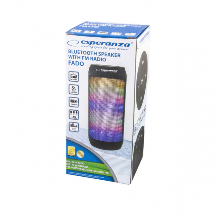 Boxa portabila Esperanza Fado, 2 x 3W, radio Fm, bluetooth, intrare AUX jack 3.5mm, acumulator 1200 mAh, slot card TF, lumini led, dimensiuni 175 x 76mm, neagra [3]