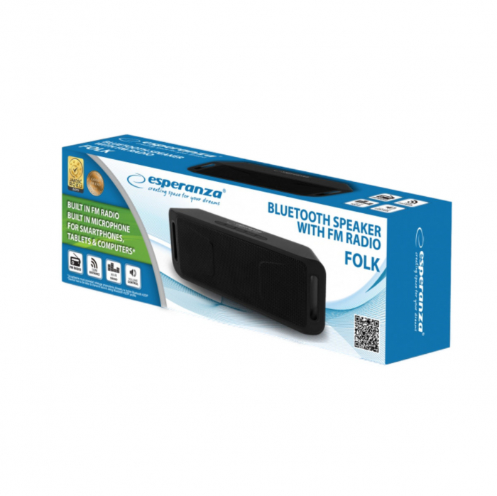 Boxa portabila Esperanza Folk, 2 x 3W, radio Fm, microfon, bluetooth, USB, microSD, intrare AUX jack 3.5mm, dimensiuni 202 x 64 mm, neagra [3]