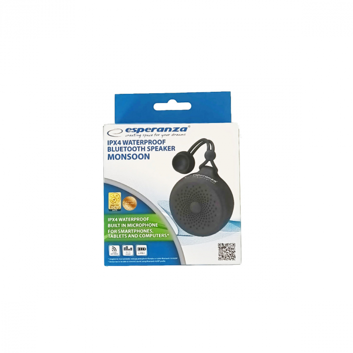 Boxa portabila Esperanza Monsoon, 3W, ipx 4, bluetooth v.3.0, acumulator 300 mAh, dimensiuni 96 x 86 mm, neagra [3]