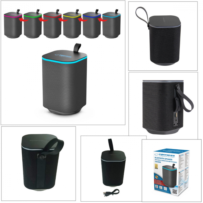 Boxa portabila Esperanza Sakara, 10W, radio FM, bluetooth v.5.0, acumulator 1200 mAh, USB, slot microSD, AUX in jack 3.5mm, iluminare LED RGB, dimensiuni 156 x 105 mm, neagra [5]