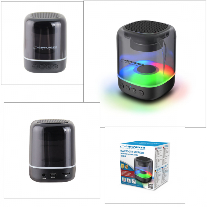 Boxa portabila Esperanza Viola, 3W, iluminare RGB, radio FM, bluetooth v.5.0, slot card microSD, AUX in jack 3.5mm, dimensiuni 85 x 68 mm, neagra [5]