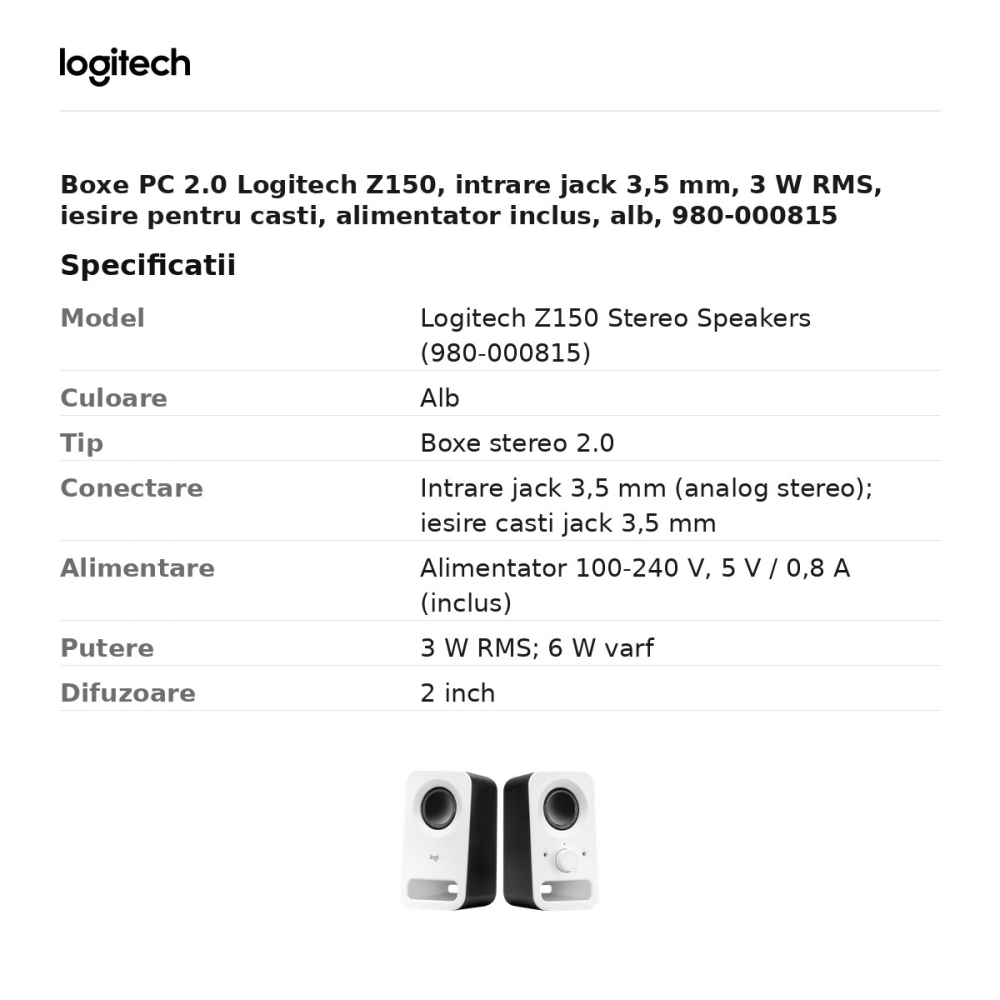 Boxe PC 2.0 Logitech Z150, intrare jack 3,5 mm, 3 W RMS, iesire pentru casti, alimentator inclus, alb, 980-000815 [3]