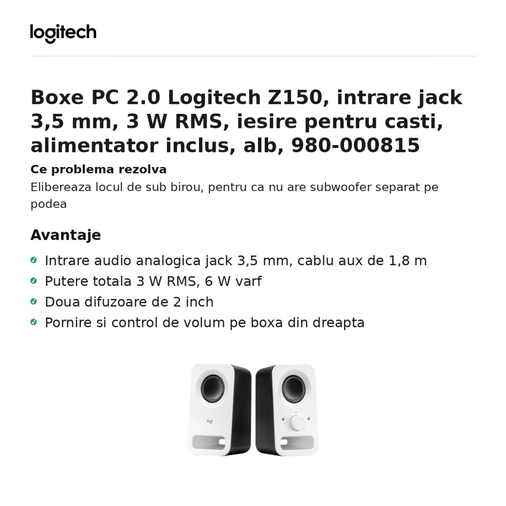 Boxe PC 2.0 Logitech Z150, intrare jack 3,5 mm, 3 W RMS, iesire pentru casti, alimentator inclus, alb, 980-000815 [2]