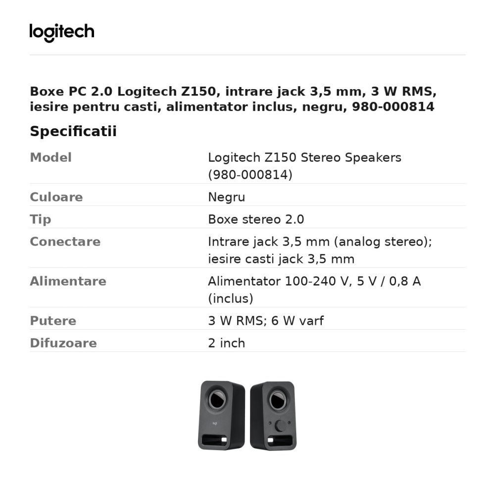 Boxe PC 2.0 Logitech Z150, intrare jack 3,5 mm, 3 W RMS, iesire pentru casti, alimentator inclus, negru, 980-000814 [3]