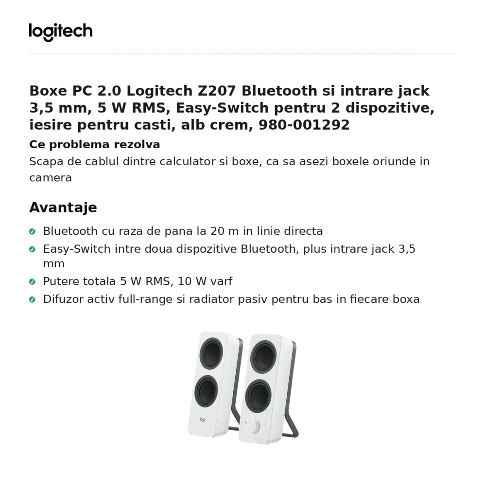Boxe PC 2.0 Logitech Z207 Bluetooth si intrare jack 3,5 mm, 5 W RMS, Easy-Switch pentru 2 dispozitive, iesire pentru casti, alb crem, 980-001292 [2]