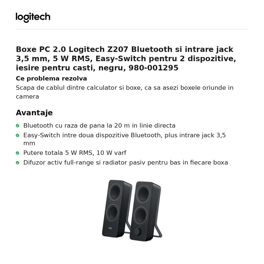 Boxe PC 2.0 Logitech Z207 Bluetooth si intrare jack 3,5 mm, 5 W RMS, Easy-Switch pentru 2 dispozitive, iesire pentru casti, negru, 980-001295 [2]