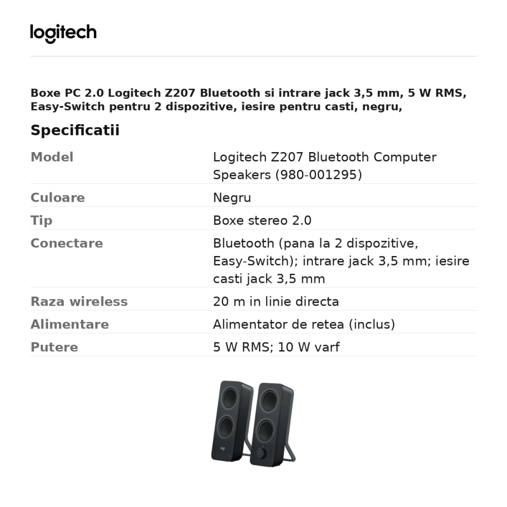 Boxe PC 2.0 Logitech Z207 Bluetooth si intrare jack 3,5 mm, 5 W RMS, Easy-Switch pentru 2 dispozitive, iesire pentru casti, negru, 980-001295 [3]