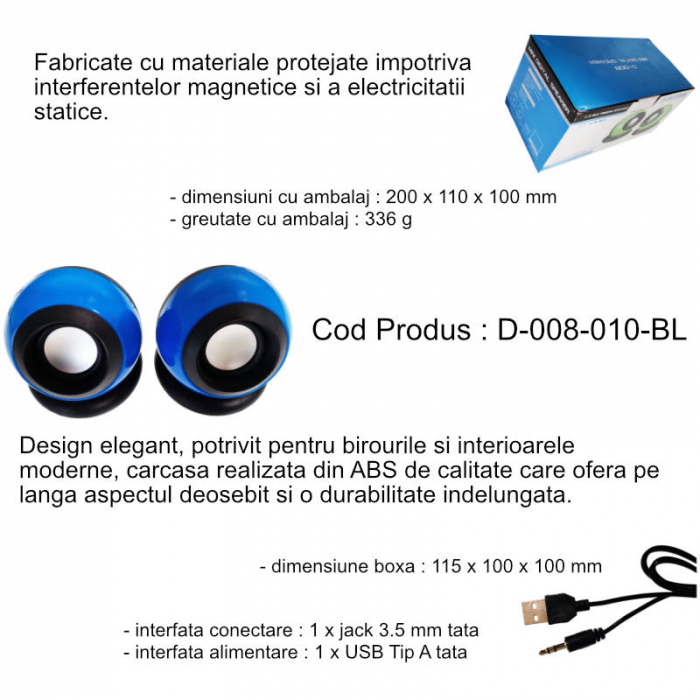 Set 2 boxe stereo 2.0, design Globe, 2x 3W, alimentare USB, conectare jack 3.5mm, albastre [5]
