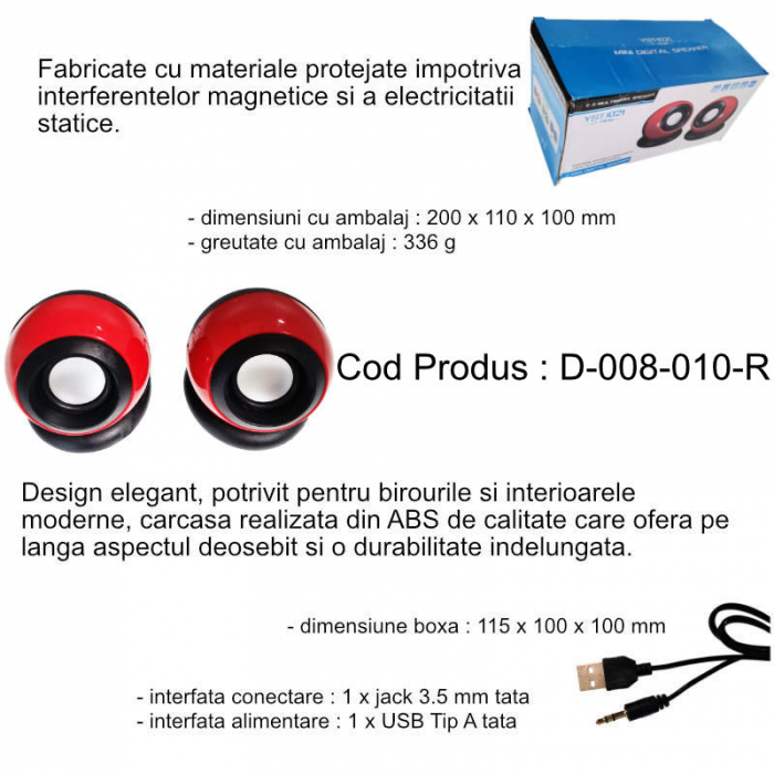 Set 2 boxe stereo 2.0, design Globe, 2x 3W, alimentare USB, conectare jack 3.5mm, rosii [5]