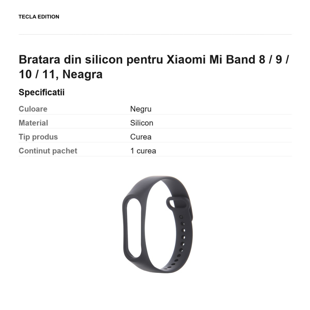 Bratara din silicon pentru Xiaomi Mi Band 8 / 9 / 10 / 11, Neagra [3]
