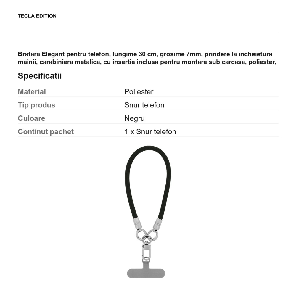 Bratara Elegant pentru telefon, lungime 30 cm, grosime 7mm, prindere la incheietura mainii, carabiniera metalica, cu insertie inclusa pentru montare sub carcasa, poliester, Neagra [3]